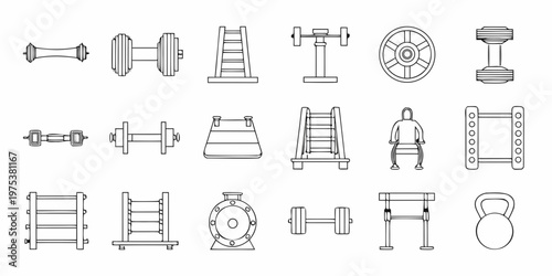 Line art illustration of various gym equipment and workout apparatus