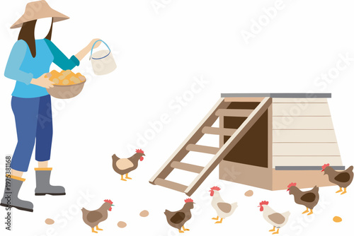 A woman feeds chickens near a wooden coop in a rural setting