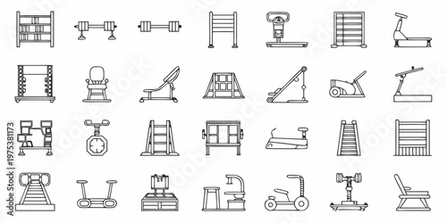 Line art illustration depicting a variety of gym equipment and fitness tools