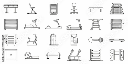 Collection of doodle style gym and fitness equipment line drawings