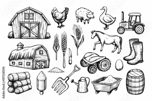 Rustic farm illustration featuring animals buildings and agricultural tools