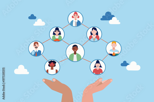 Diverse group of people connected in a network held by hands