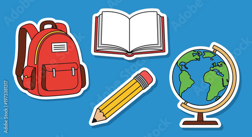 Cartoon illustration of essential school items for academic learning, featuring backpack, open book, pencil, and globe.