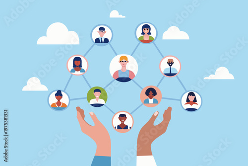 Diverse group of people connected within a network held by hands