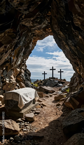 Cave wall frames open door with cross in blue morning sky