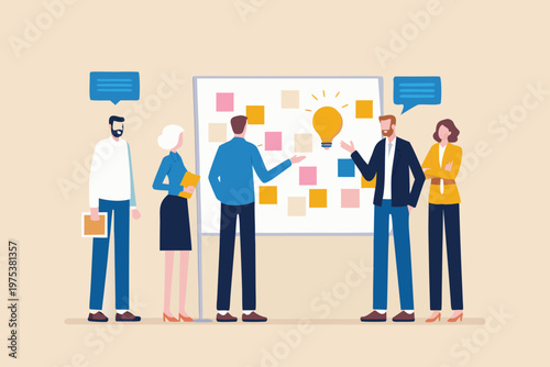 Team brainstorming ideas with a whiteboard and sticky notes