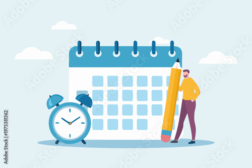 Planning and scheduling concept with calendar pencil clock and person
