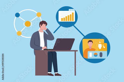 Man working on laptop surrounded by data analysis and virtual meeting visuals