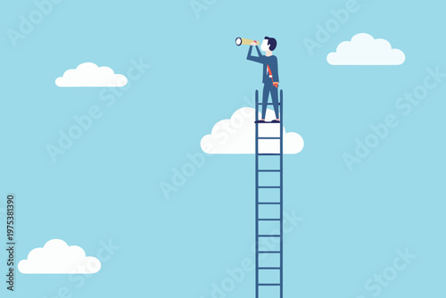 A businessman looks through a telescope atop a tall ladder
