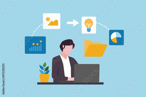 Man using a laptop with icons representing ideas and data analysis