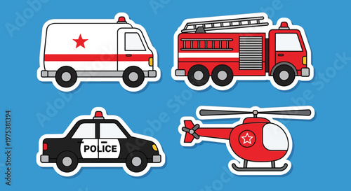 Collection of essential emergency and public safety vehicles: ambulance, fire truck, police car, and helicopter illustrations on a clear background.