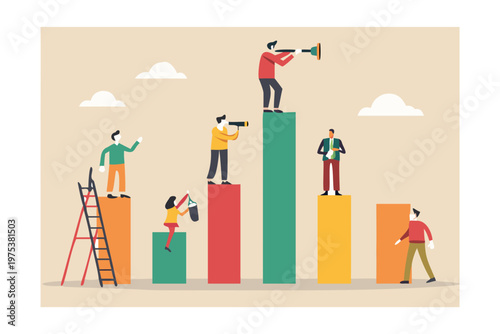 Teamwork and leadership concept with people standing on colorful blocks