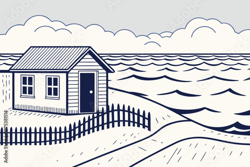 Simple illustration of a coastal cottage with a white picket fence