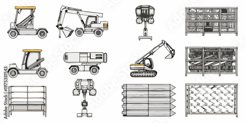 Blueprint style illustrations of construction equipment and storage solutions