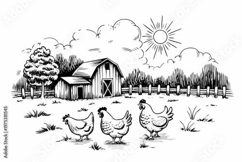 A vintage farm scene depicting a barn chickens and a bright sun