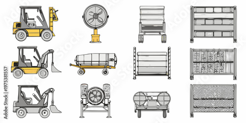 Illustration of industrial equipment including forklifts mixers and carts