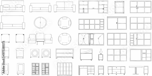 Architectural floor plan featuring various furniture outlines and arrangements