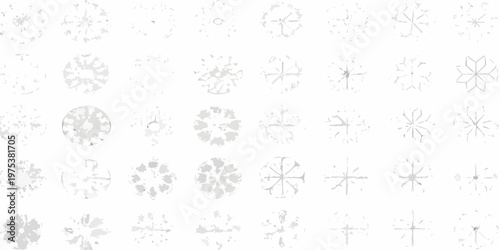 Collection of delicate grayscale snowflake patterns against a white background