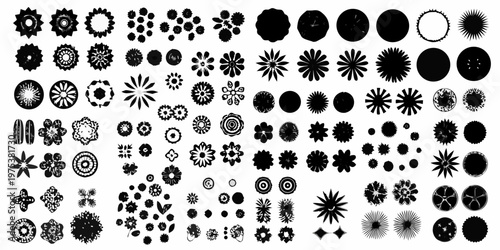 Collection of diverse black floral and geometric shapes on white background