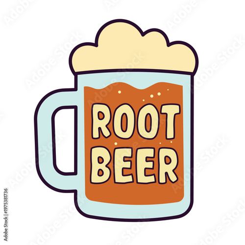 Vector illustration of a frosty root beer mug with foam and retro text, ideal for vintage diner menus and beverage branding projects.