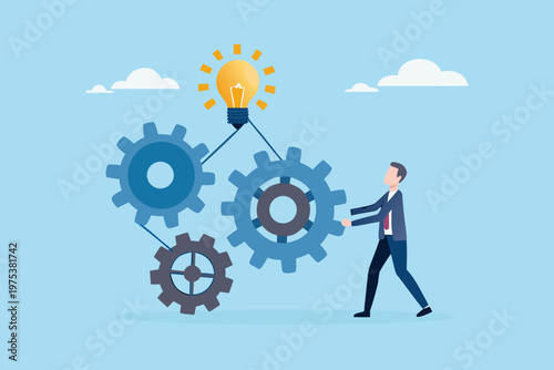 Man powering an idea with gears representing innovation and problem solving