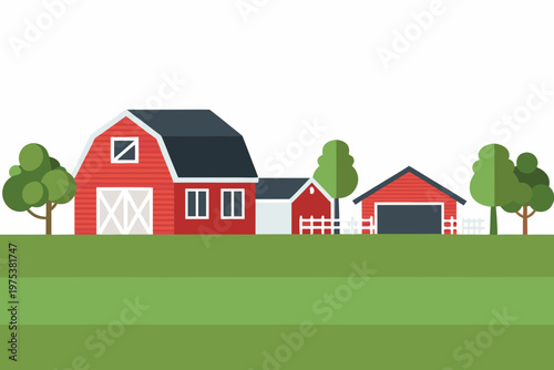 Simple illustration of a red barn and smaller buildings on green land