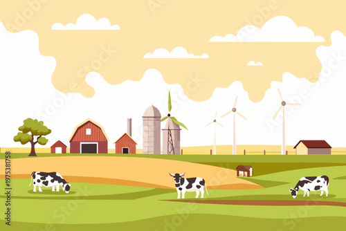Peaceful farm scene with cows grazing under a cloudy sunny sky