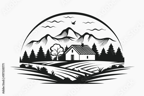 A quaint cabin nestled in a mountainous landscape with striking black lines