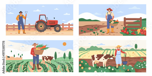 Cartoon illustrations depict various farming scenes with people and crops