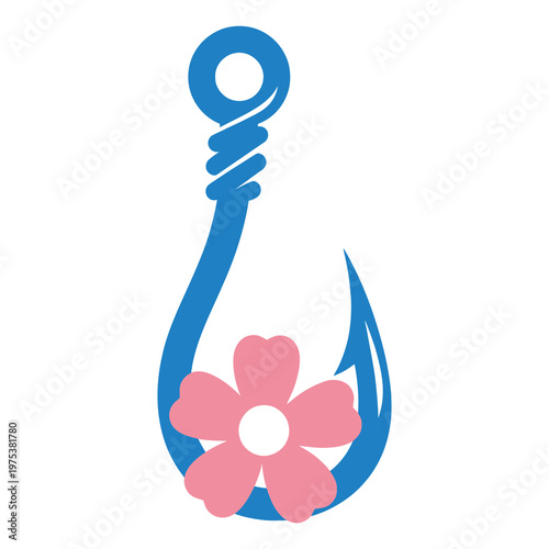 Blue fishing hook with pink flower bait on white background icon