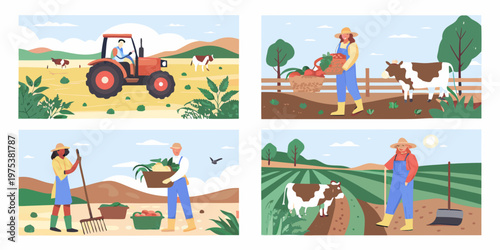 Illustrative scenes depict rural life farming and vegetable harvesting