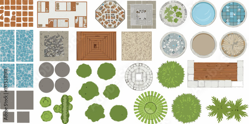 Aerial view collection of various garden and landscape elements