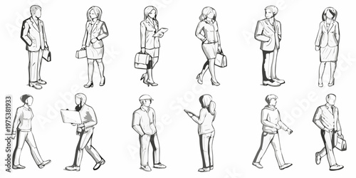 Sketch of diverse people walking in business and casual attire