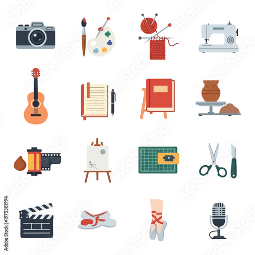 A collection of illustrative flat-design icons representing hobbies and art