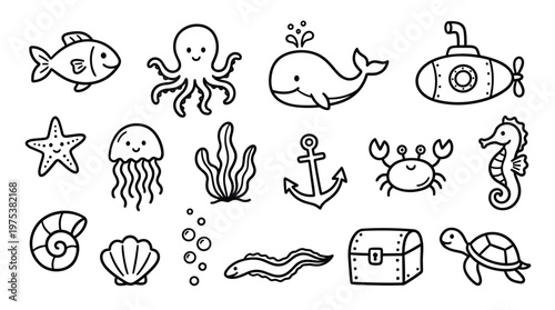 Cute cartoon sea creatures and ocean life collection simple doodle style for kids underwater adventure and marine biology education