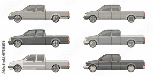 Illustration of six gray pickup trucks in various perspectives