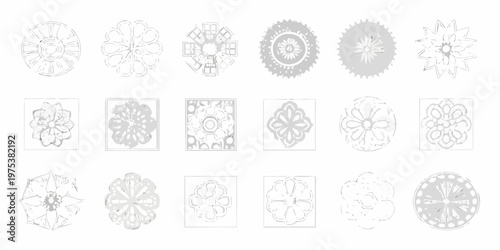 Collection of grayscale floral and geometric patterned design elements