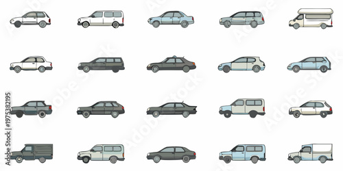 Collection of cartoon vehicles in various styles and colors displayed