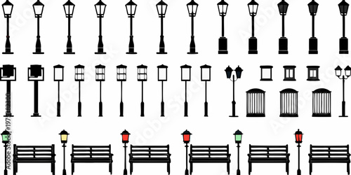 Collection of vintage street lamps and park benches in black and white