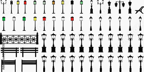 Collection of diverse street lamps and park furniture illustrations