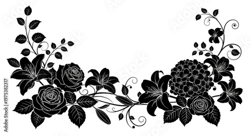 Elegant Black Floral Swirls and Roses Design.