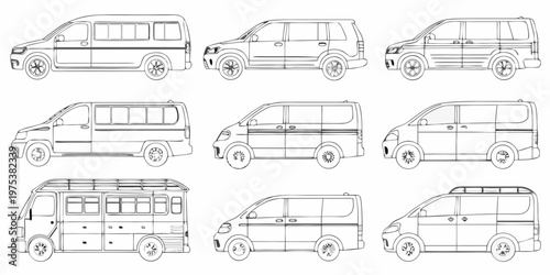 Collection of nine different van outlines in a side view arrangement