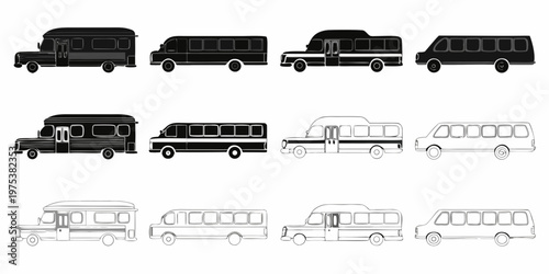 Collection of simplified bus and van illustrations in black and white