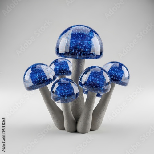 Digital binary code mushrooms glowing with blue data in forest setting