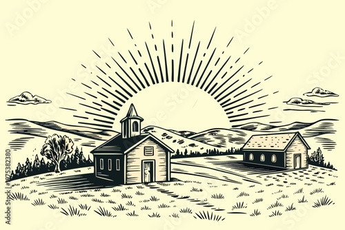 Vintage illustration of a rural landscape with a church and rising sun