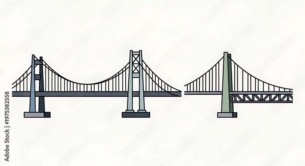 Fototapeta premium Simplified illustration of three bridges. Each bridge features different structural design and appearance, all against a plain white background