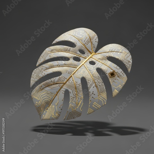 Monstera leaf with intricate gold circuit board patterns on dark gray