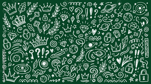 Whimsical Doodle Collection of Celestial Objects Crowns Keys Locks and Gems on a Dark Green Chalkboard Background