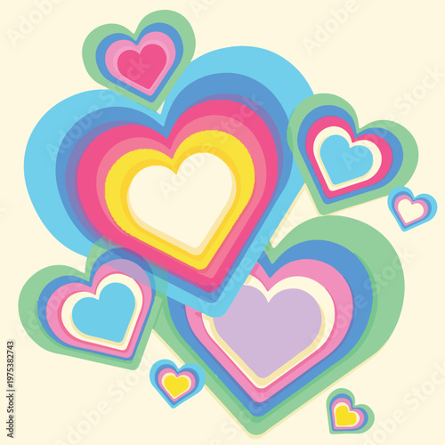 A collection of overlapping, colorful heart shapes on a cream background