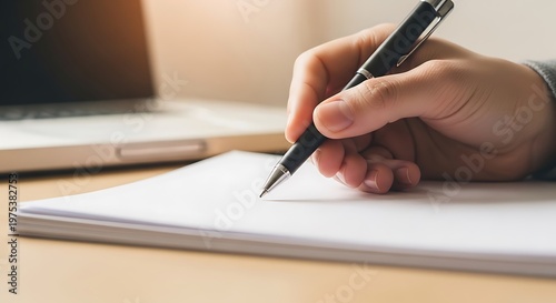 Close-up of a hand writing with a pen on a notepad, laptop in background.